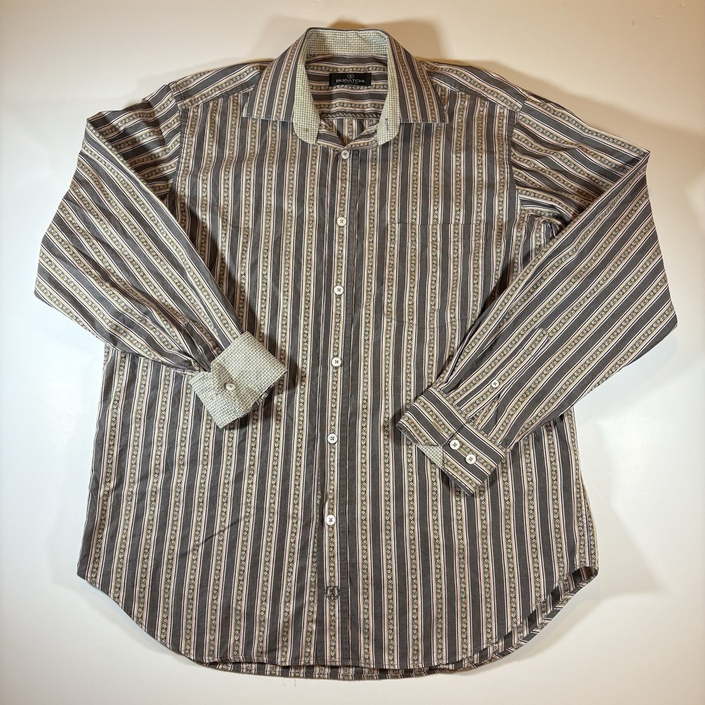 Men's Bugatchi UOMO Long Sleeve Button-Up Size Large Gray Stripes